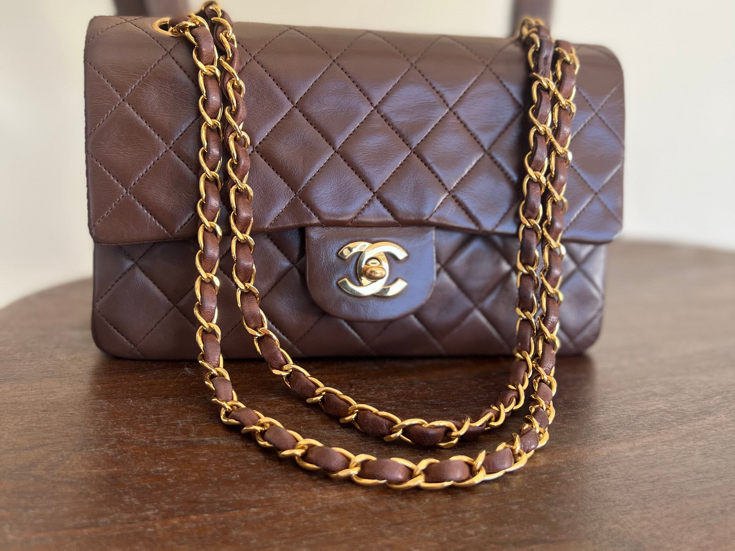 CHANEL Handbag Vintage Brown Lambskin Quilted Classic Flap Small Gold Hardware - Redeluxe