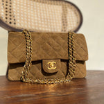 CHANEL Handbag Vintage Brown Suede Quilted Classic Double Flap GHW - Redeluxe