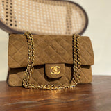 CHANEL Handbag Vintage Brown Suede Quilted Classic Double Flap GHW - Redeluxe