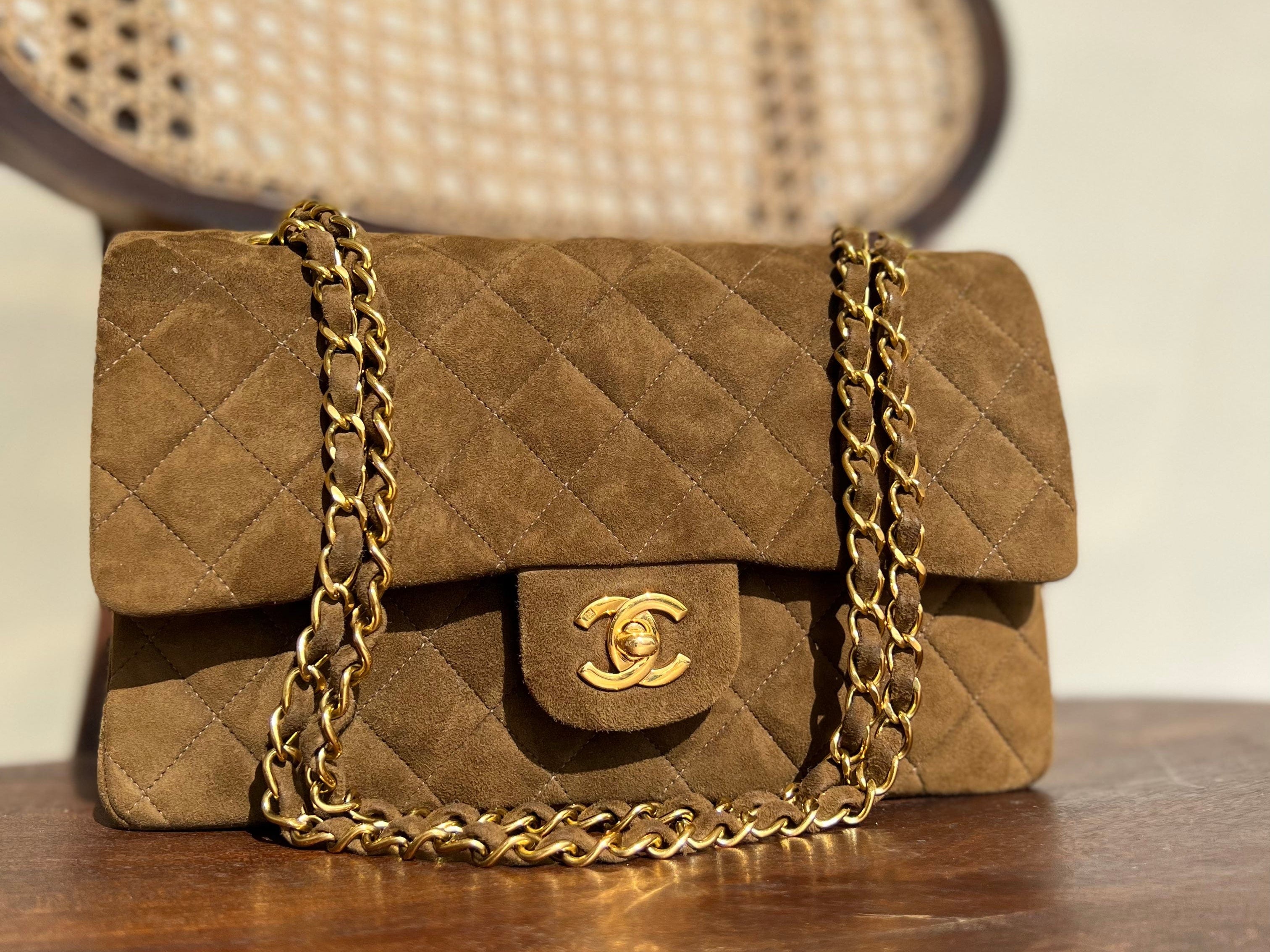 CHANEL Handbag Vintage Brown Suede Quilted Classic Double Flap GHW - Redeluxe