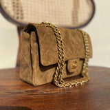CHANEL Handbag Vintage Brown Suede Quilted Classic Double Flap GHW - Redeluxe