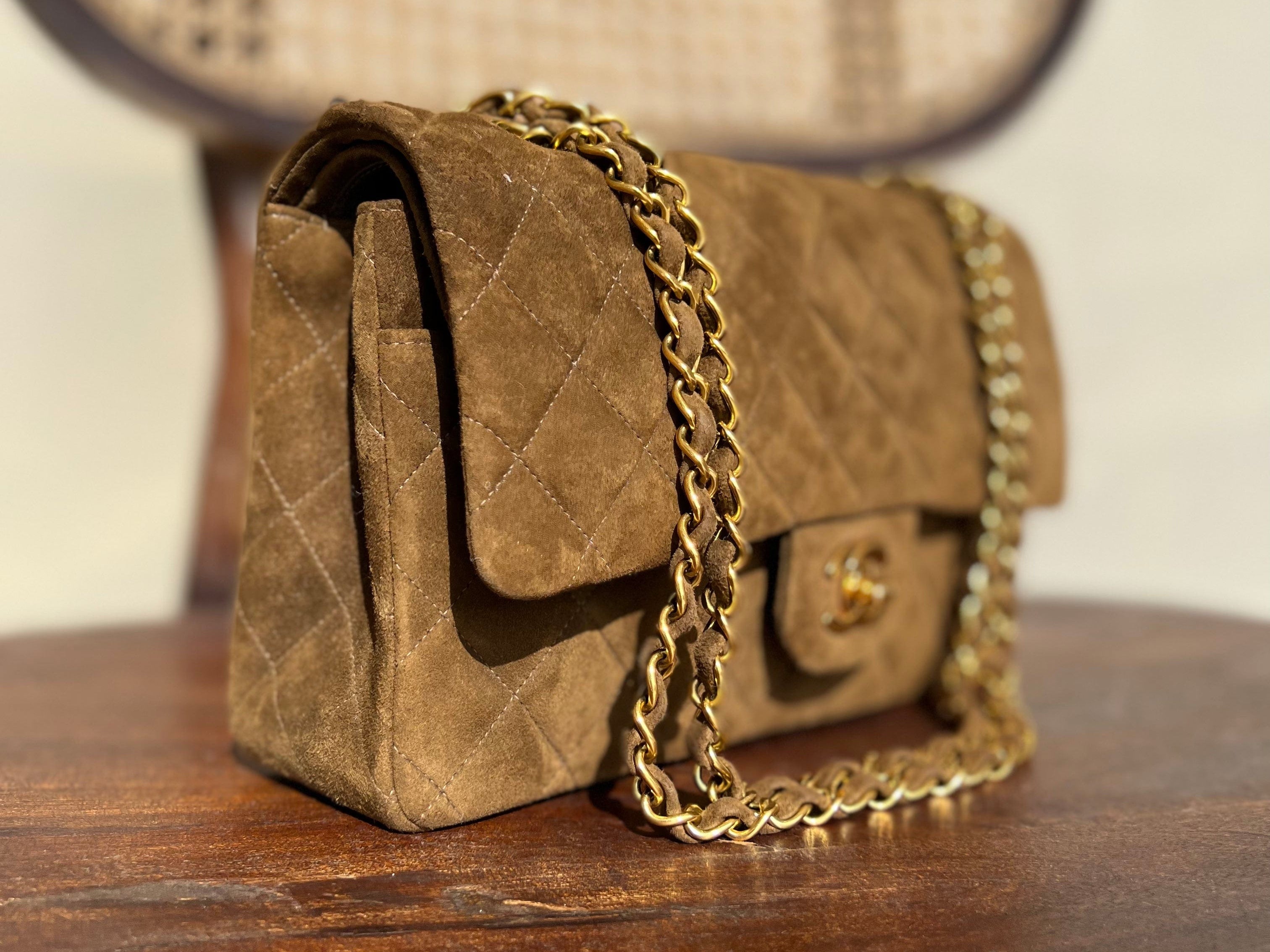 CHANEL Handbag Vintage Brown Suede Quilted Classic Double Flap GHW - Redeluxe