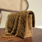 CHANEL Handbag Vintage Brown Suede Quilted Classic Double Flap GHW - Redeluxe