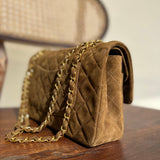 CHANEL Handbag Vintage Brown Suede Quilted Classic Double Flap GHW - Redeluxe