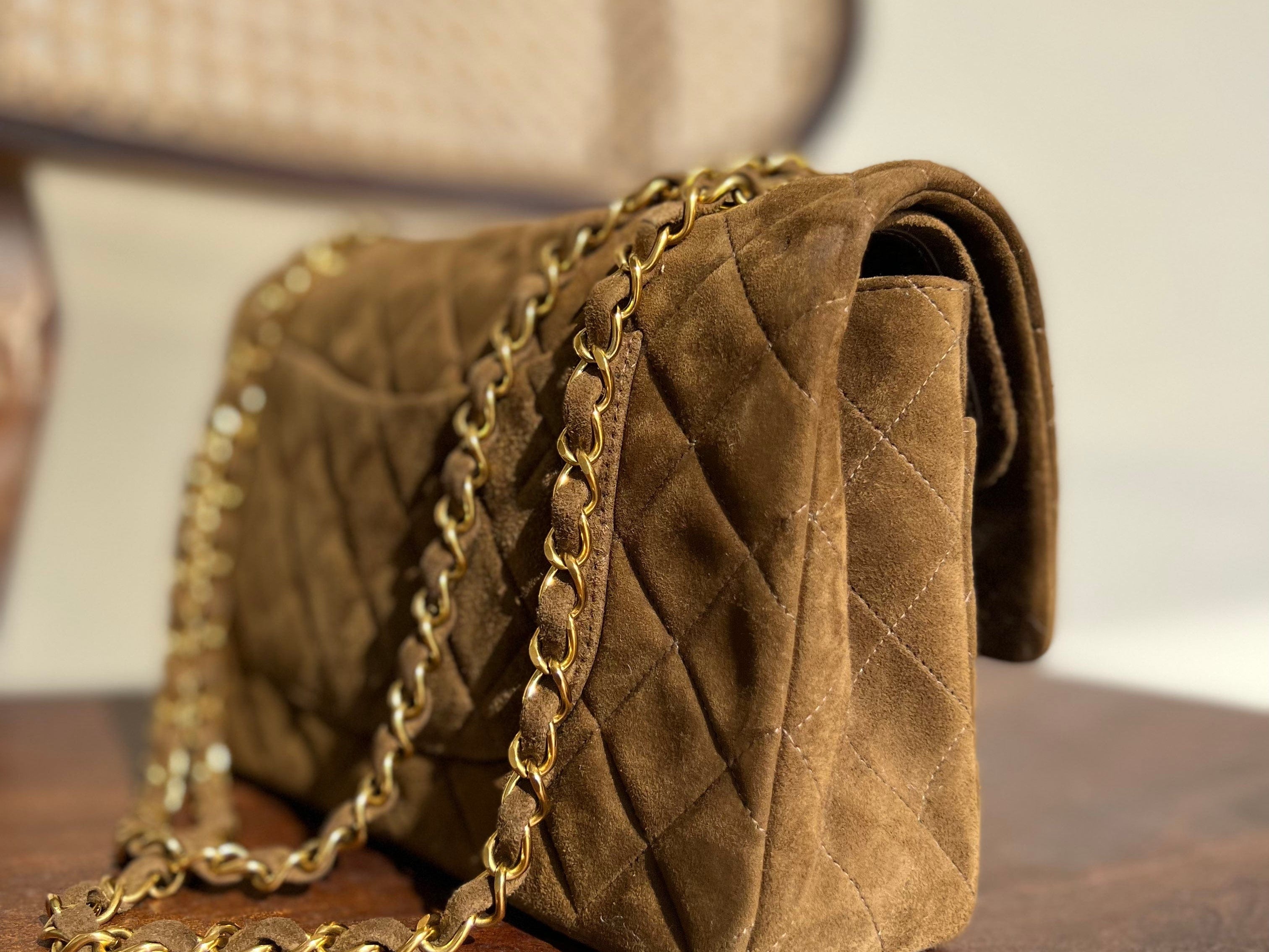 CHANEL Handbag Vintage Brown Suede Quilted Classic Double Flap GHW - Redeluxe