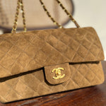 CHANEL Handbag Vintage Brown Suede Quilted Classic Double Flap GHW - Redeluxe