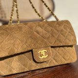 CHANEL Handbag Vintage Brown Suede Quilted Classic Double Flap GHW - Redeluxe