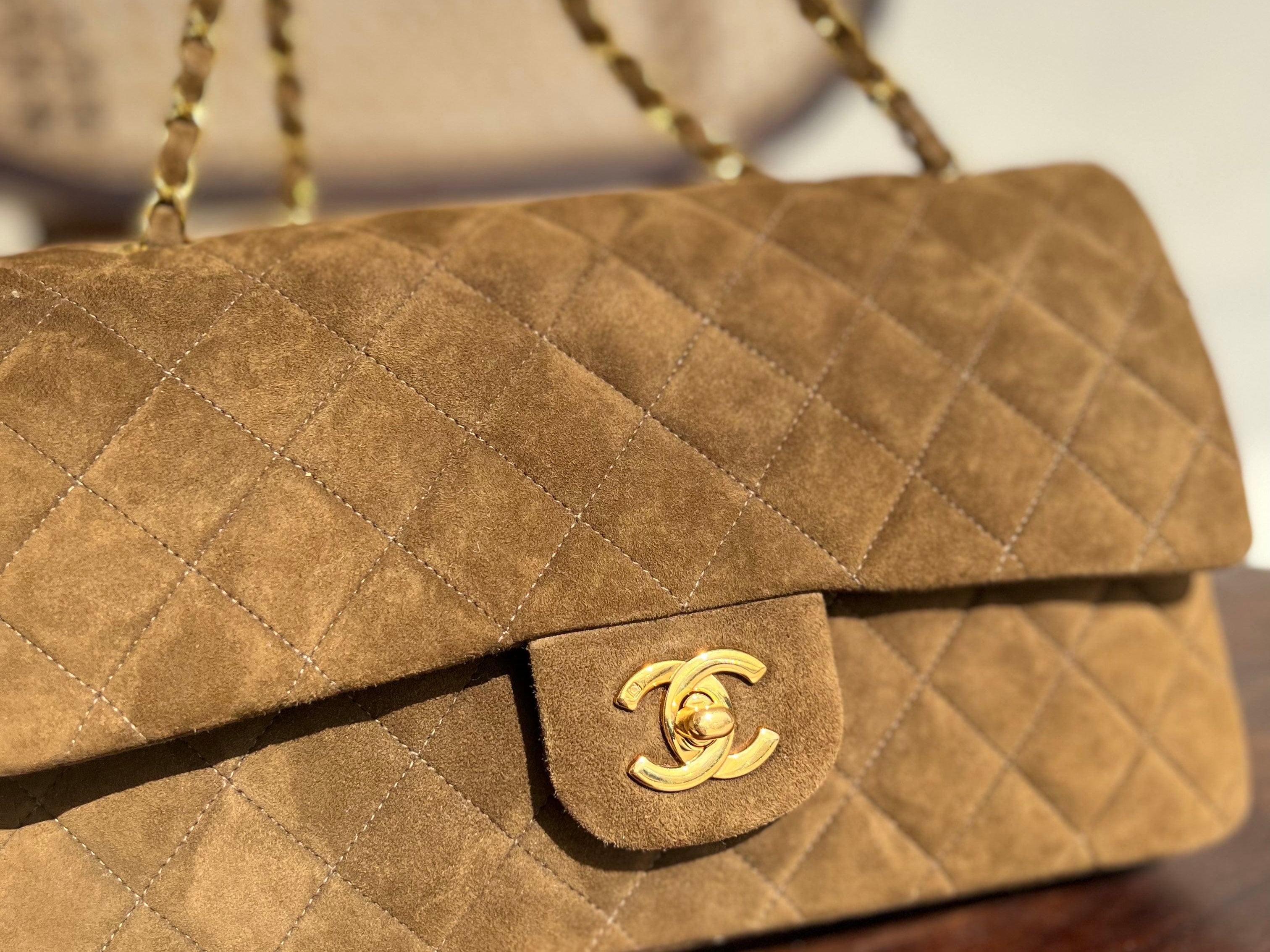 CHANEL Handbag Vintage Brown Suede Quilted Classic Double Flap GHW - Redeluxe