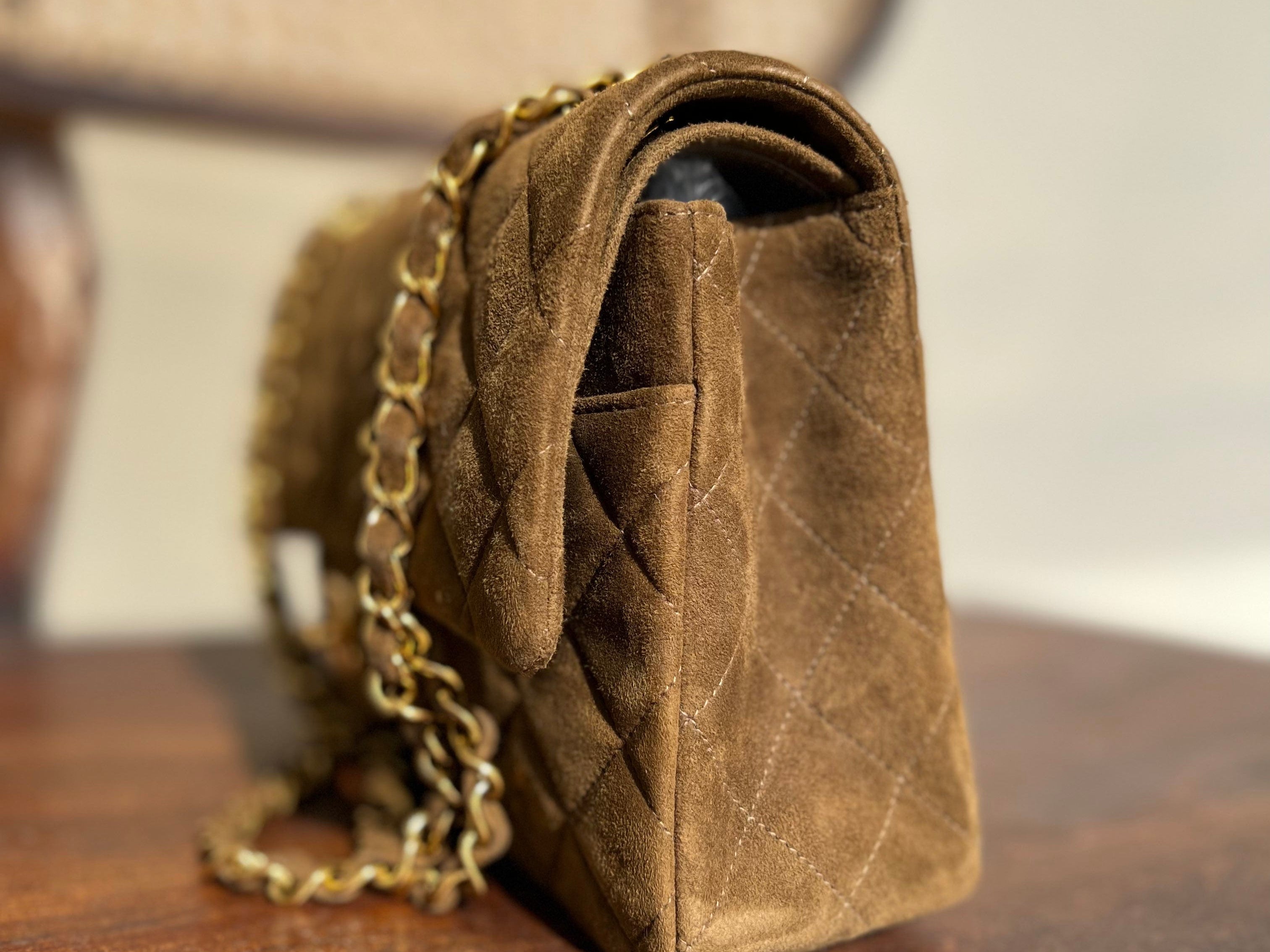 CHANEL Handbag Vintage Brown Suede Quilted Classic Double Flap GHW - Redeluxe