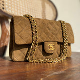 CHANEL Handbag Vintage Brown Suede Quilted Classic Double Flap GHW - Redeluxe