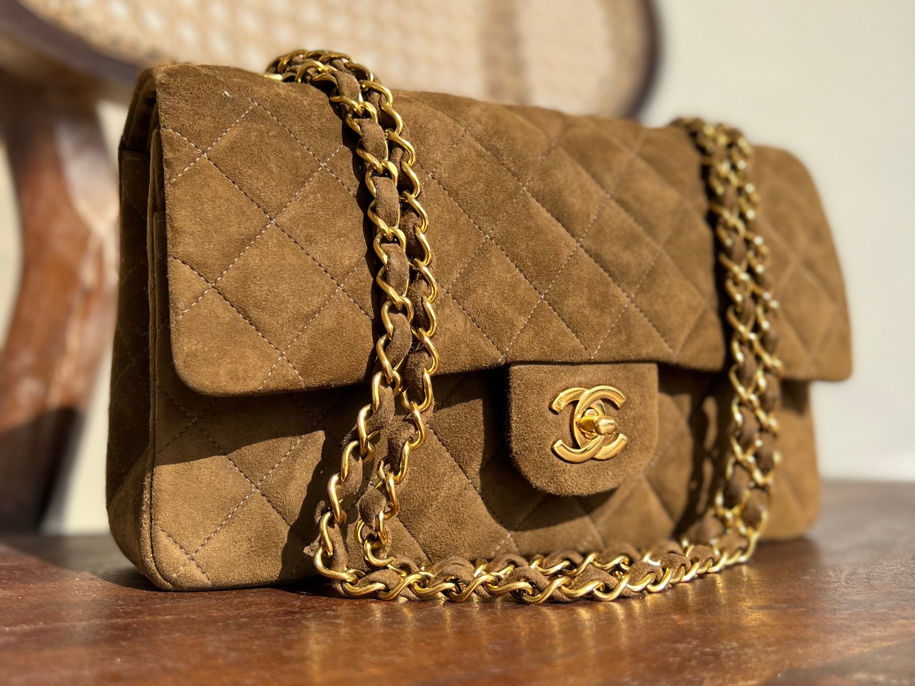 CHANEL Handbag Vintage Brown Suede Quilted Classic Double Flap GHW - Redeluxe