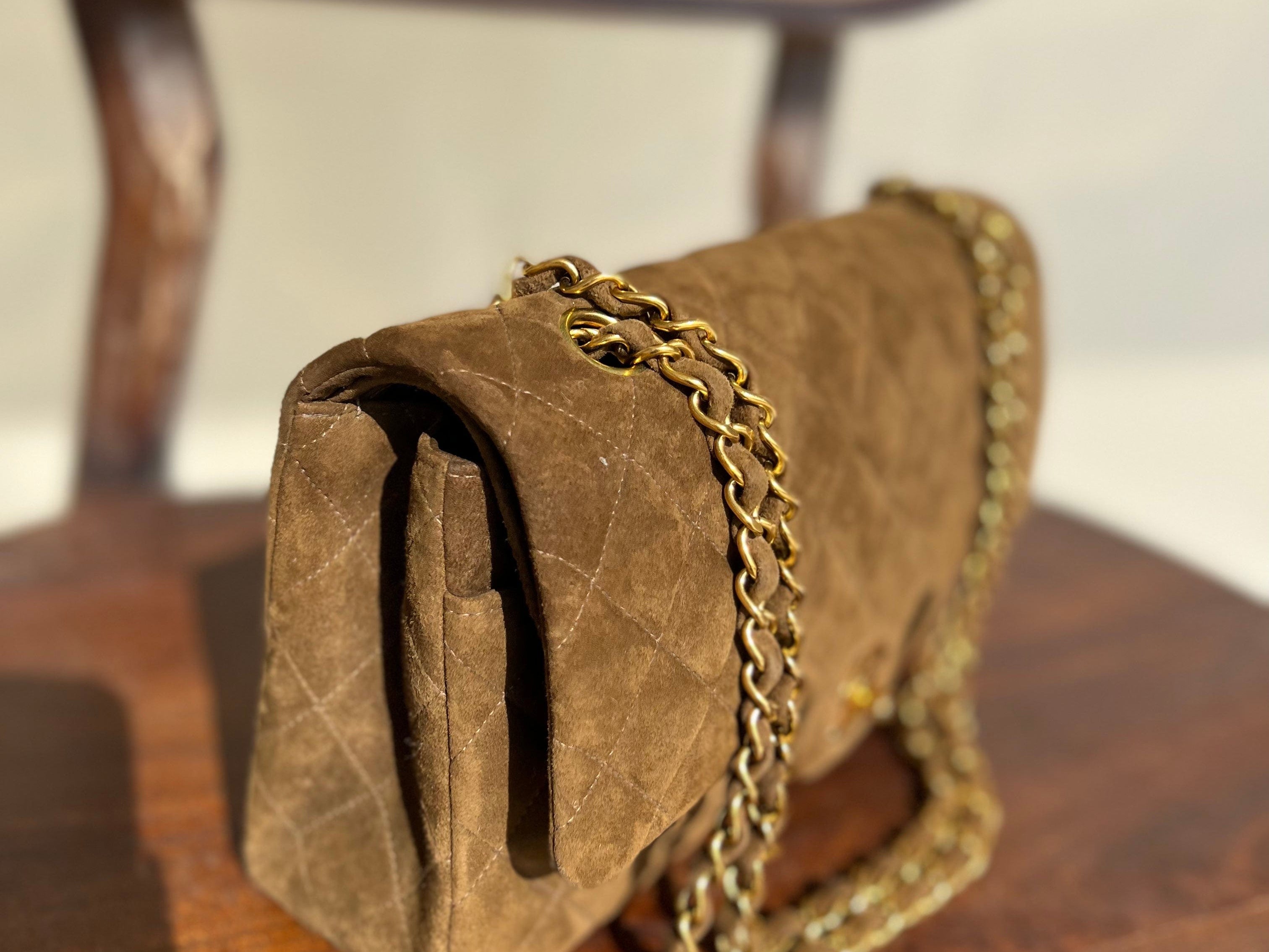 CHANEL Handbag Vintage Brown Suede Quilted Classic Double Flap GHW - Redeluxe