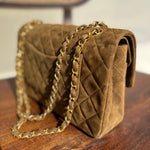 CHANEL Handbag Vintage Brown Suede Quilted Classic Double Flap GHW - Redeluxe