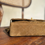 CHANEL Handbag Vintage Brown Suede Quilted Classic Double Flap GHW - Redeluxe