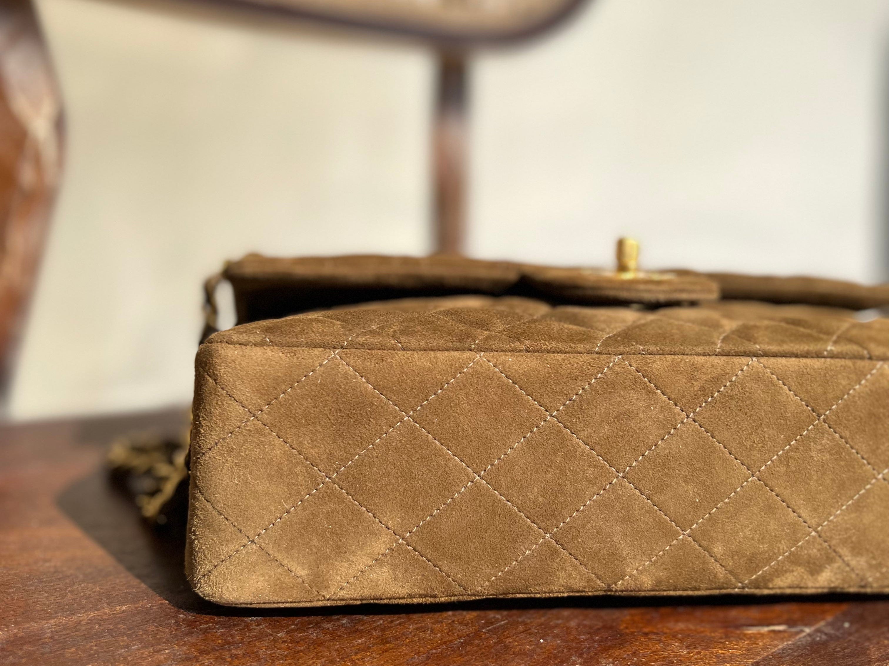CHANEL Handbag Vintage Brown Suede Quilted Classic Double Flap GHW - Redeluxe