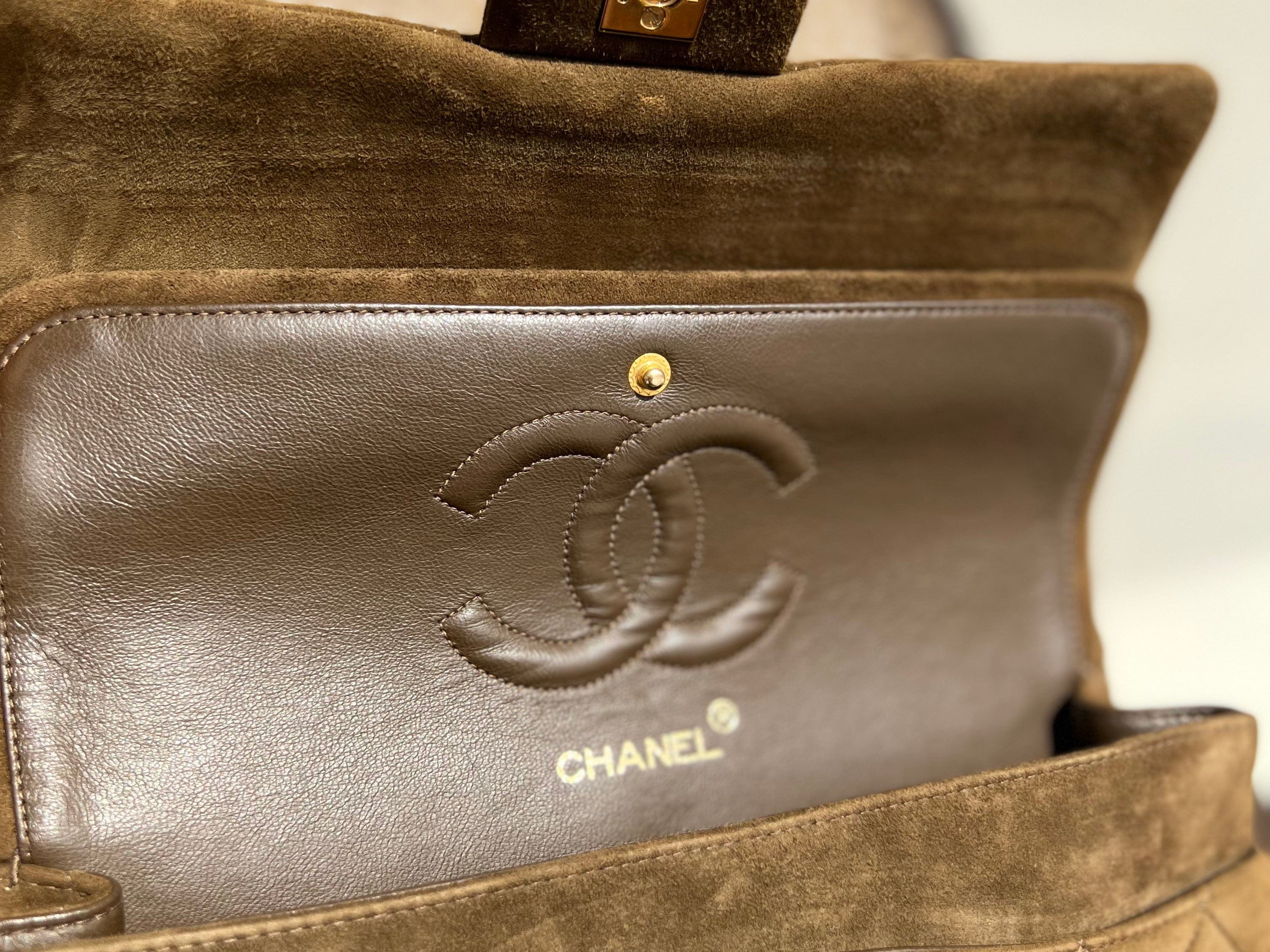 CHANEL Handbag Vintage Brown Suede Quilted Classic Double Flap GHW - Redeluxe