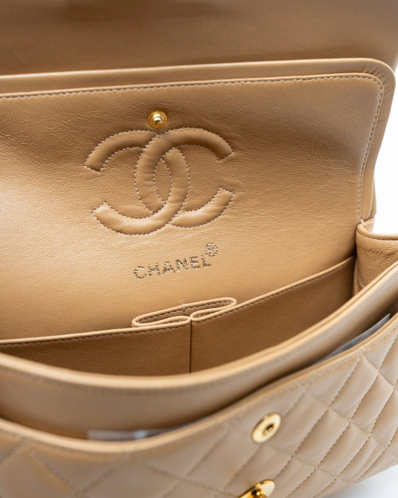 CHANEL Handbag Vintage Dark Beige Lambskin Quilted Classic Flap Small Gold Hardware - Redeluxe