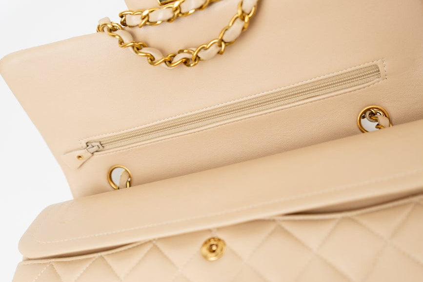 CHANEL Handbag Vintage Light Beige Lambskin Quilted Classic Flap Medium GHW - Redeluxe