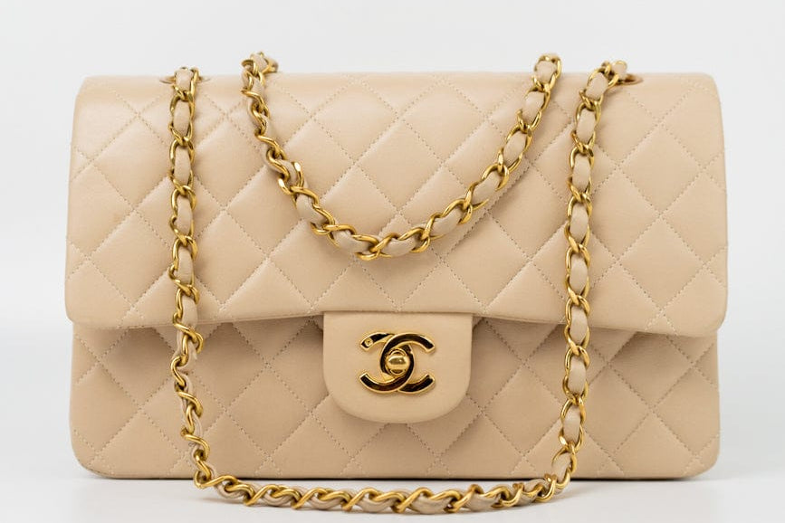 CHANEL Handbag Vintage Light Beige Lambskin Quilted Classic Flap Medium GHW - Redeluxe