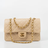 CHANEL Handbag Vintage Light Beige Lambskin Quilted Classic Flap Medium GHW - Redeluxe
