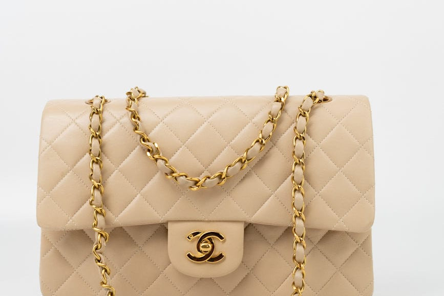 CHANEL Handbag Vintage Light Beige Lambskin Quilted Classic Flap Medium GHW - Redeluxe