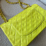 CHANEL Handbag Vintage Neon Green Lambskin Quilted Classic Double Flap Medium Gold Hardware - Redeluxe