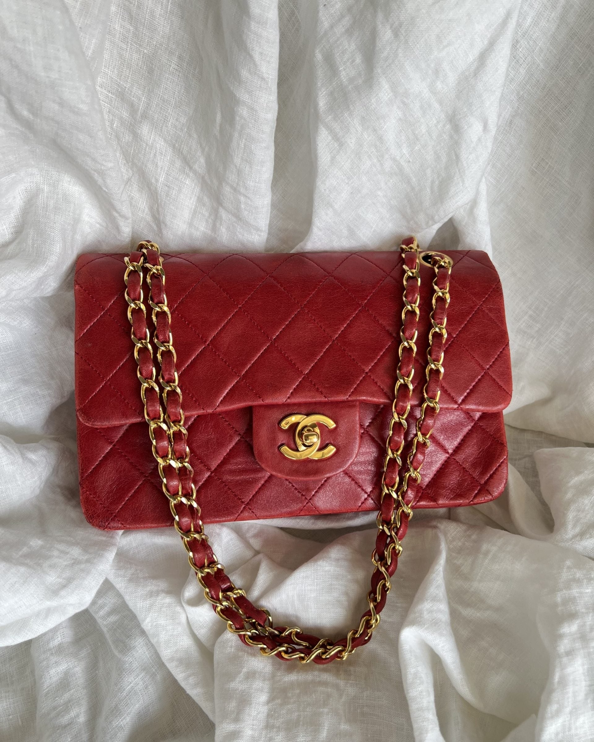 CHANEL Handbag Vintage Red Lambskin Quilted Classic Flap GHW - Redeluxe