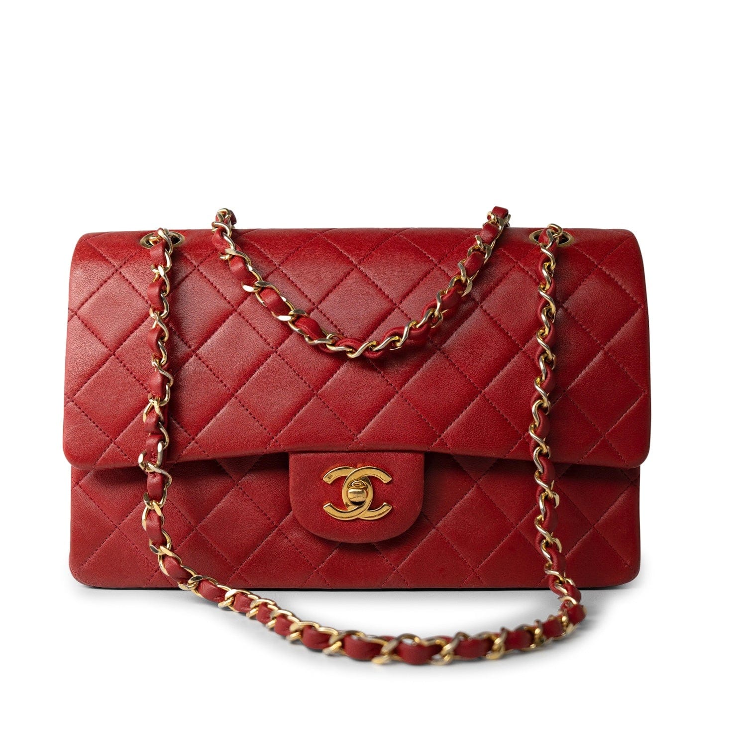 CHANEL Handbag Vintage Red Lambskin Quilted Classic Flap Medium Gold Hardware - Redeluxe