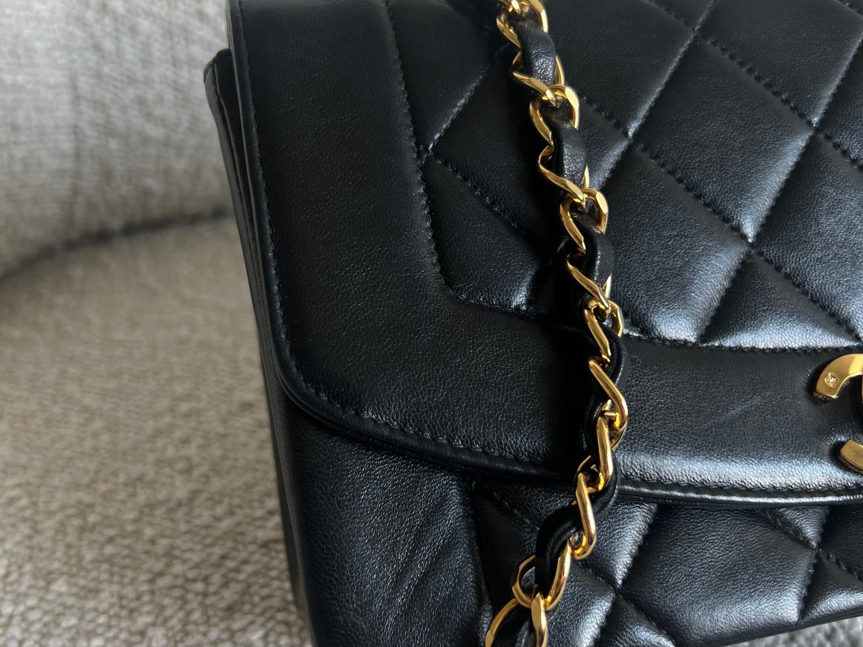 CHANEL Handbag Vintage Small Black Lambskin Quilted Diana Flap 24K Gold Hardware - Redeluxe