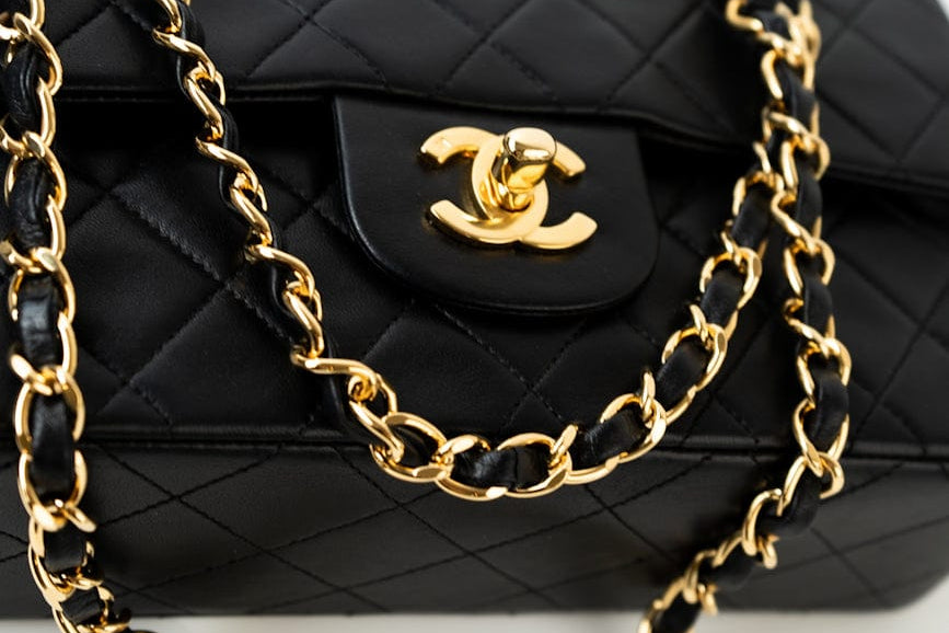 CHANEL Handbag Vintage Small Classic Flap Black Lambskin Quilted GHW - Redeluxe