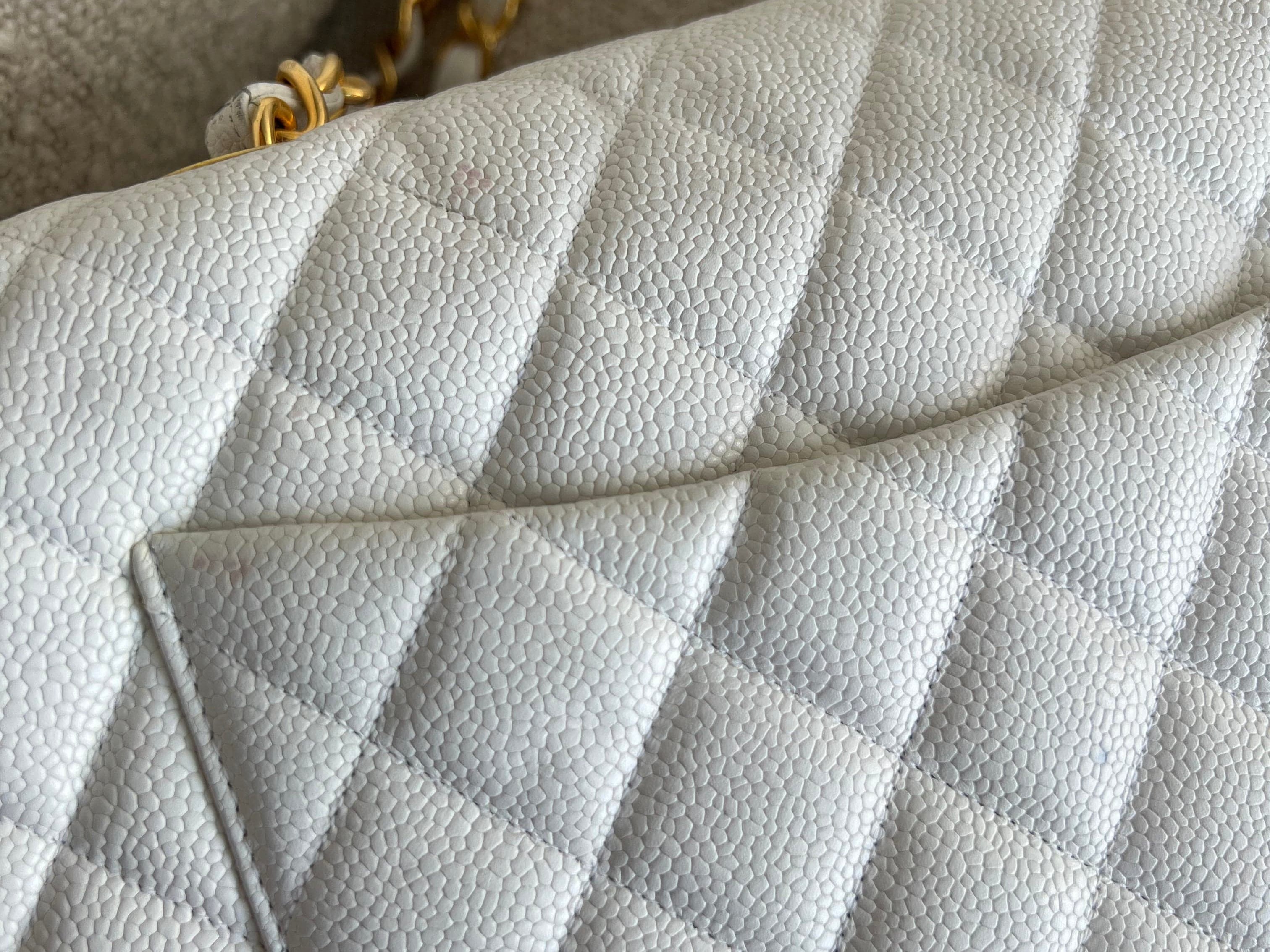 CHANEL Handbag Vintage White Caviar Quilted Jumbo Single Flap GHW - Redeluxe