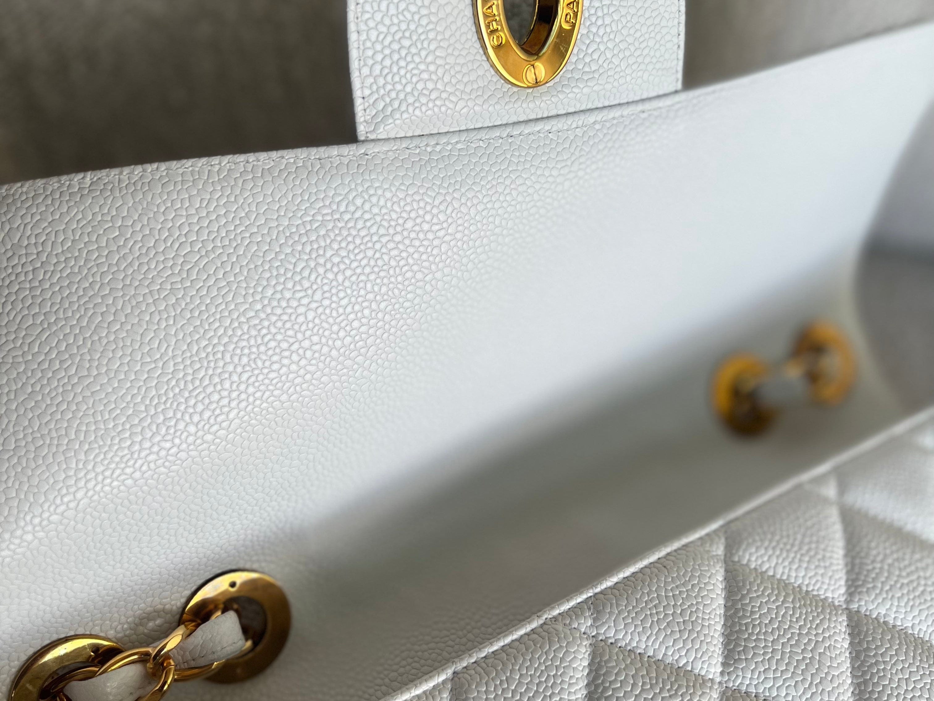 CHANEL Handbag Vintage White Caviar Quilted Jumbo Single Flap GHW - Redeluxe