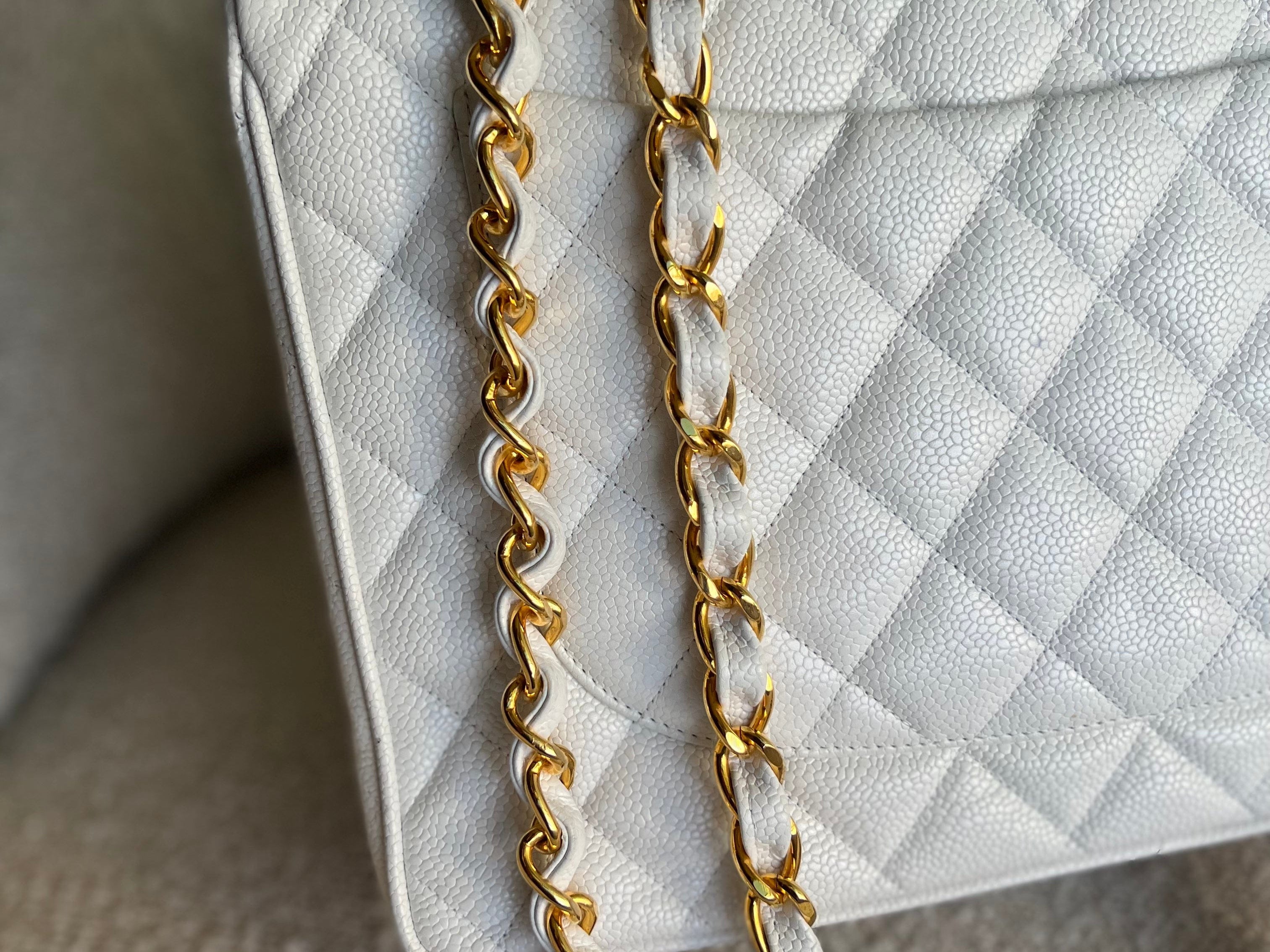 CHANEL Handbag Vintage White Caviar Quilted Jumbo Single Flap GHW - Redeluxe