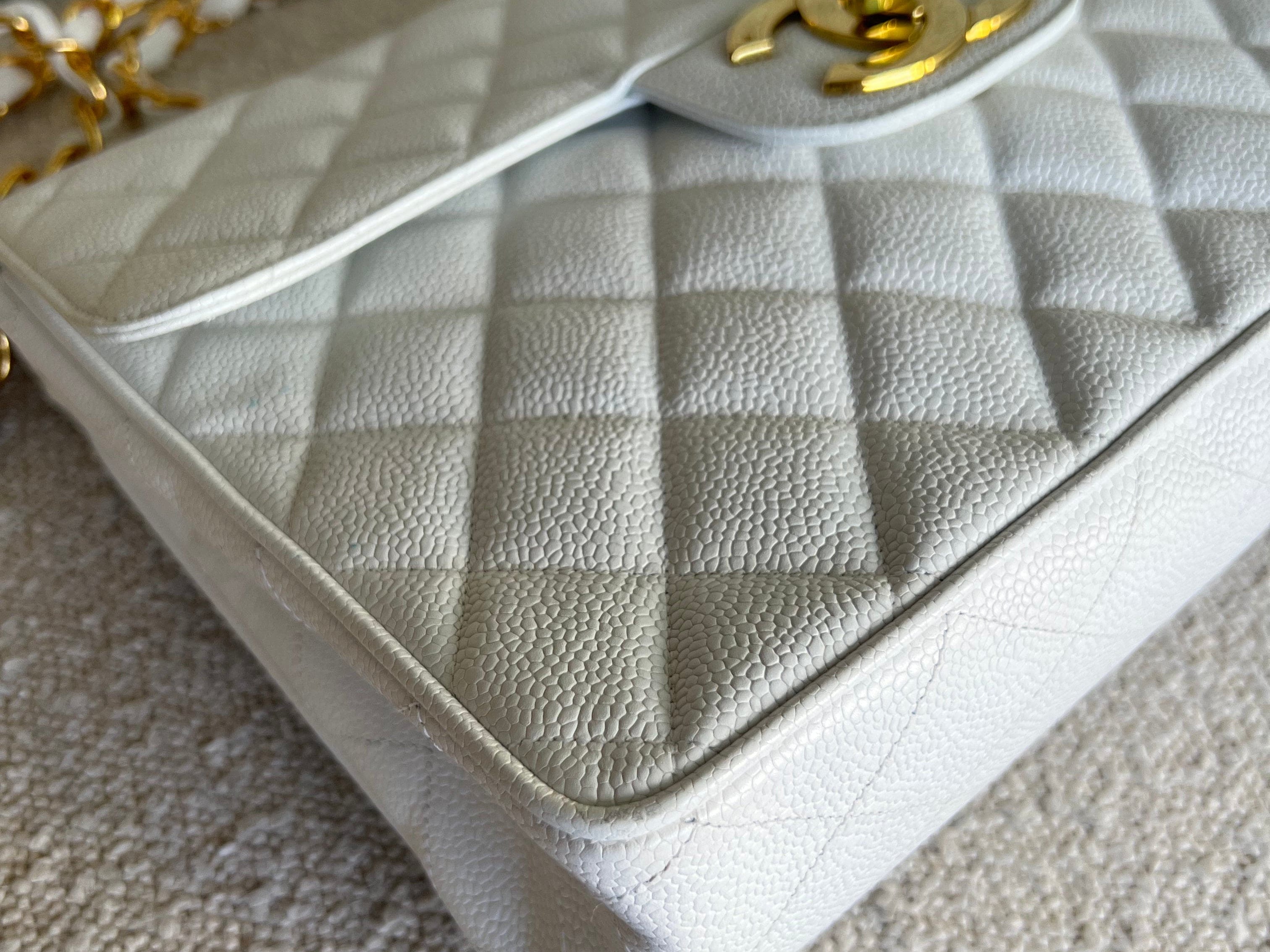 CHANEL Handbag Vintage White Caviar Quilted Jumbo Single Flap GHW - Redeluxe