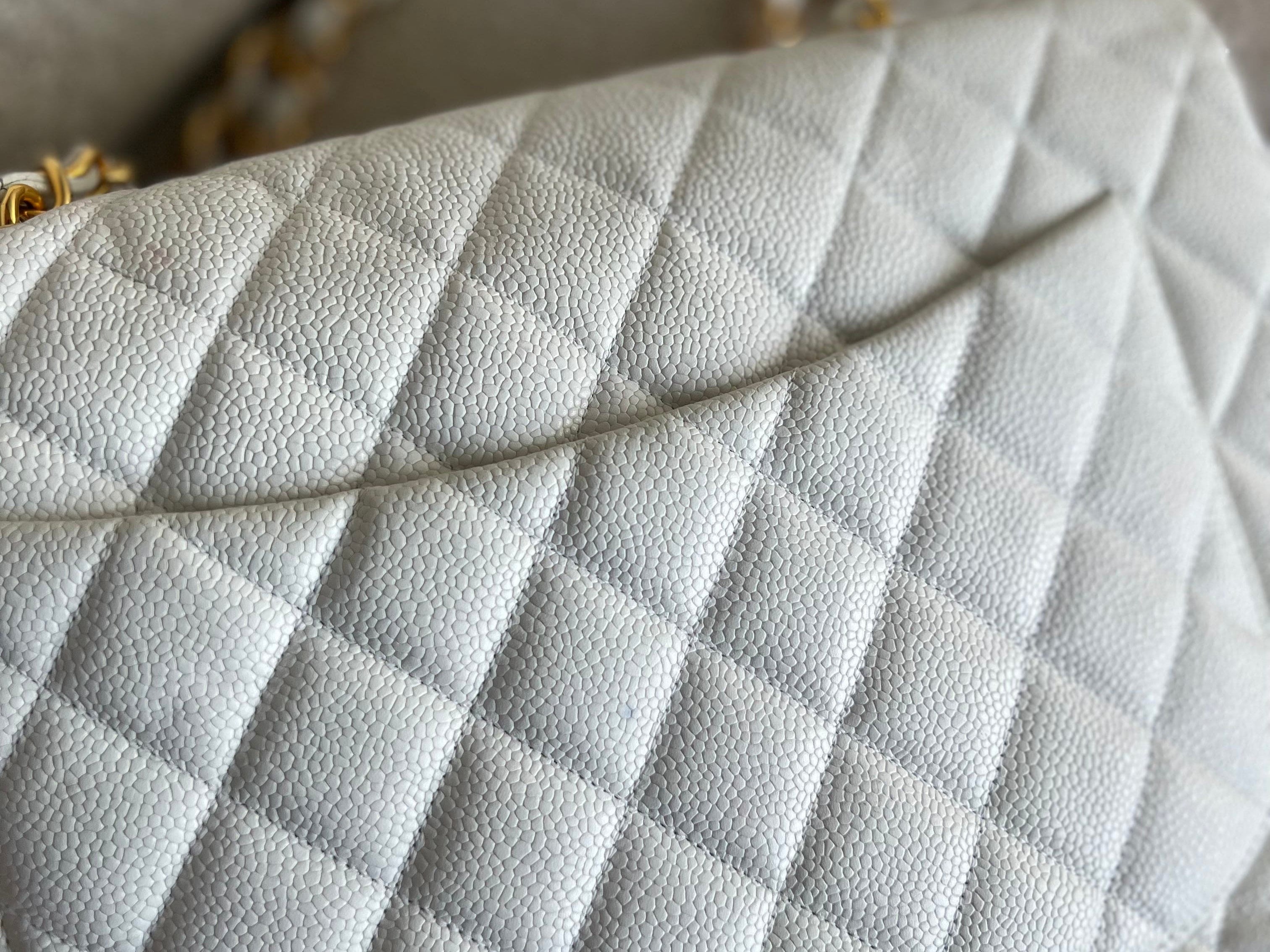 CHANEL Handbag Vintage White Caviar Quilted Jumbo Single Flap GHW - Redeluxe