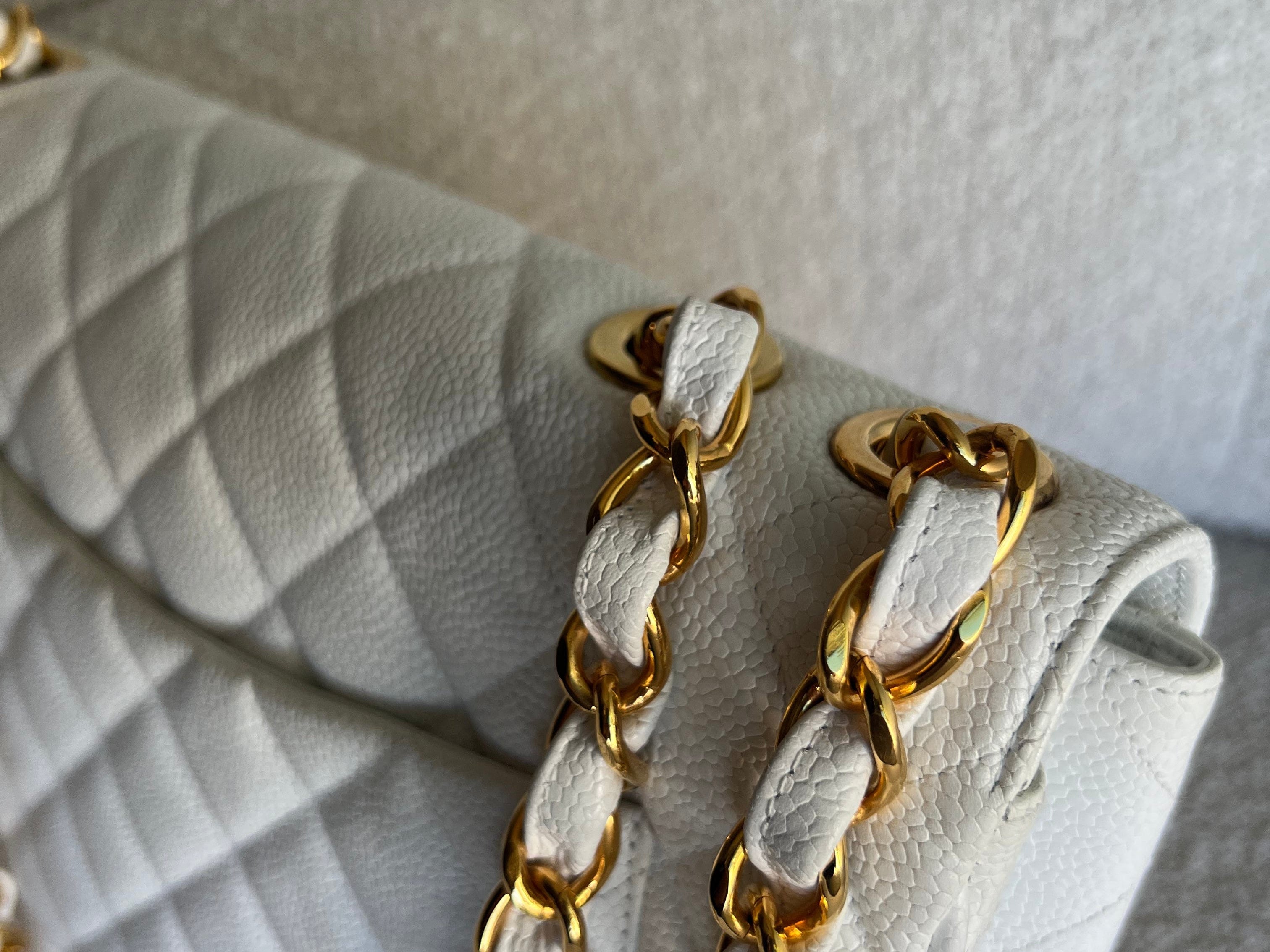 CHANEL Handbag Vintage White Caviar Quilted Jumbo Single Flap GHW - Redeluxe
