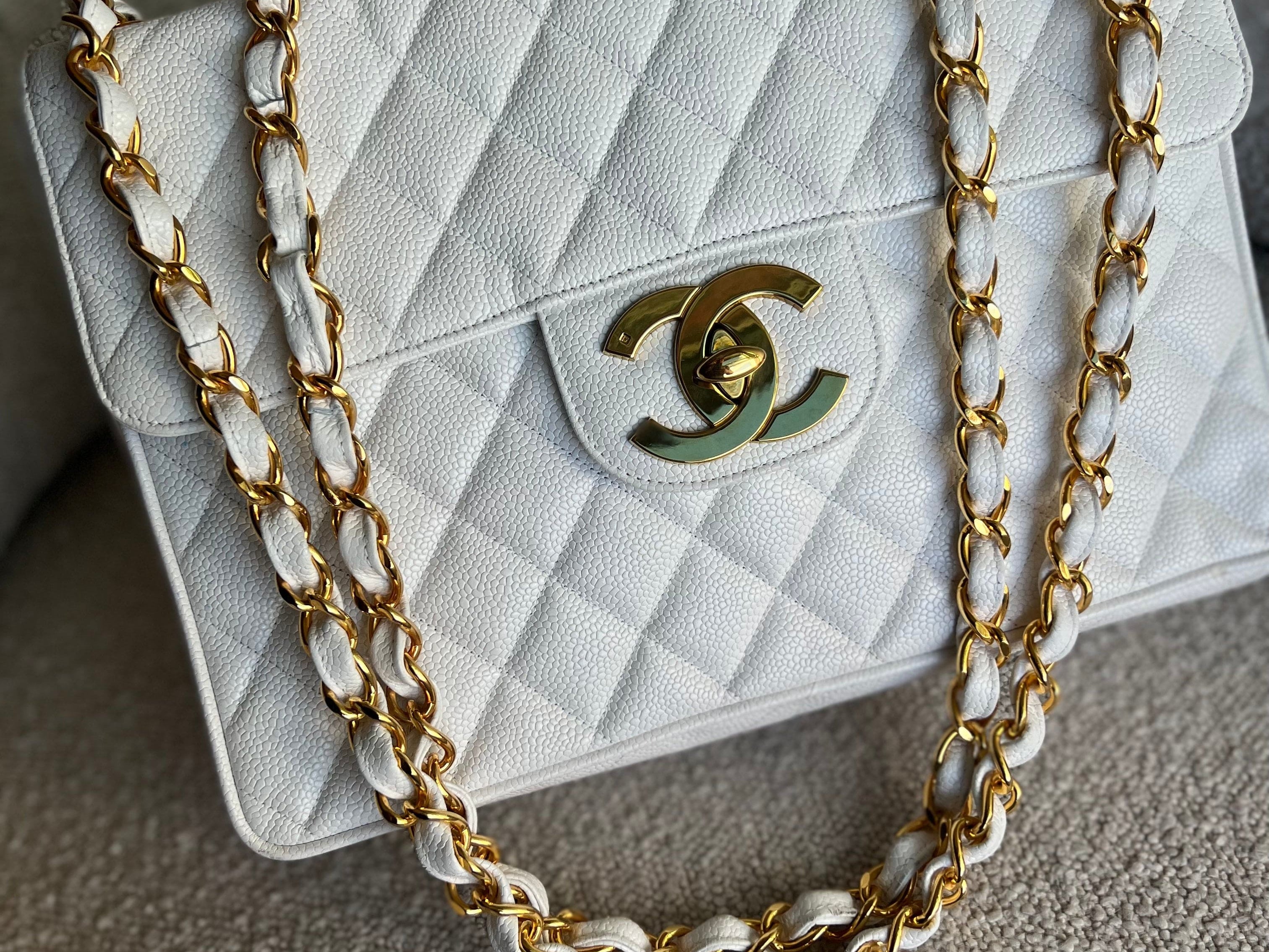CHANEL Handbag Vintage White Caviar Quilted Jumbo Single Flap GHW - Redeluxe