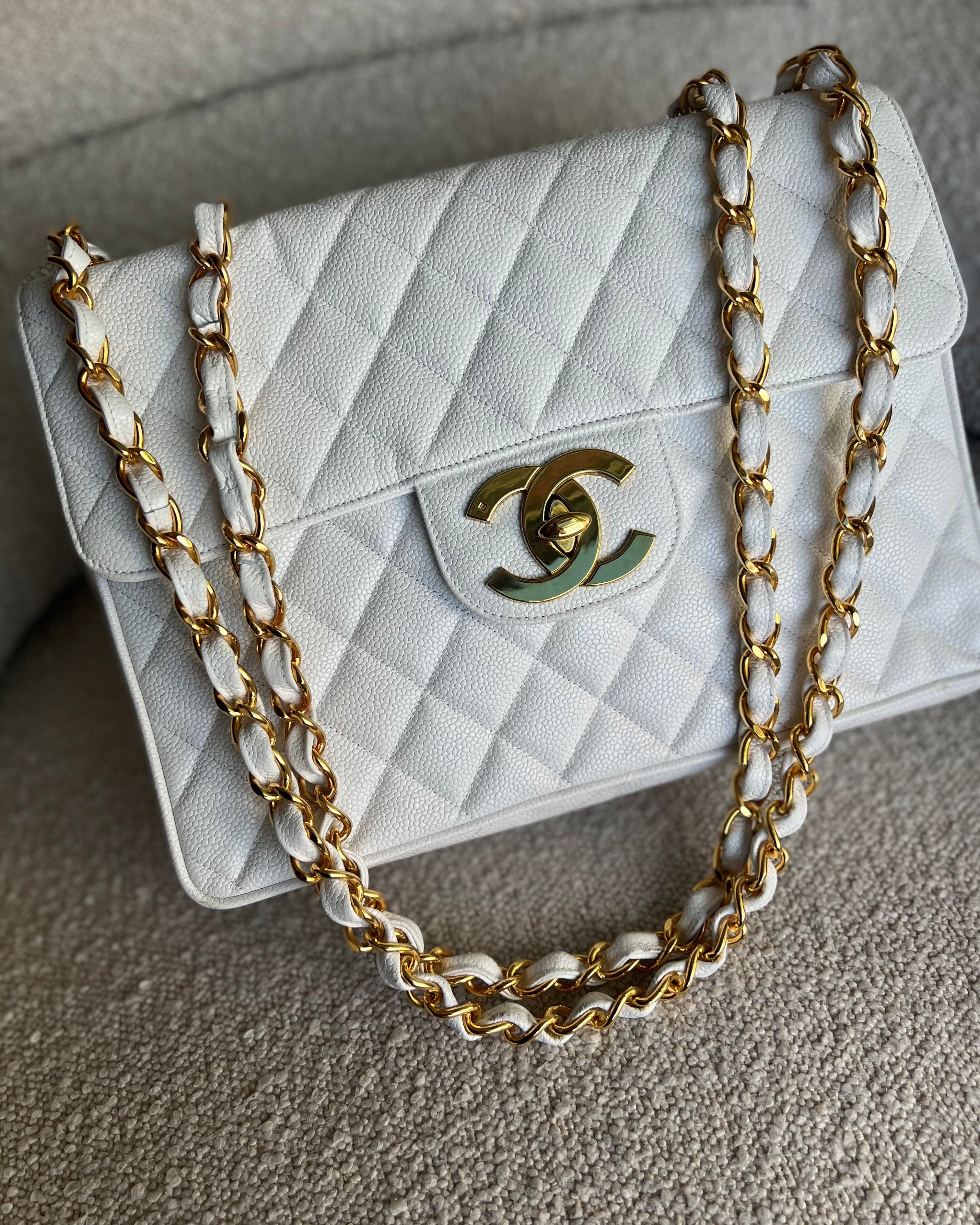 CHANEL Handbag Vintage White Caviar Quilted Jumbo Single Flap GHW - Redeluxe