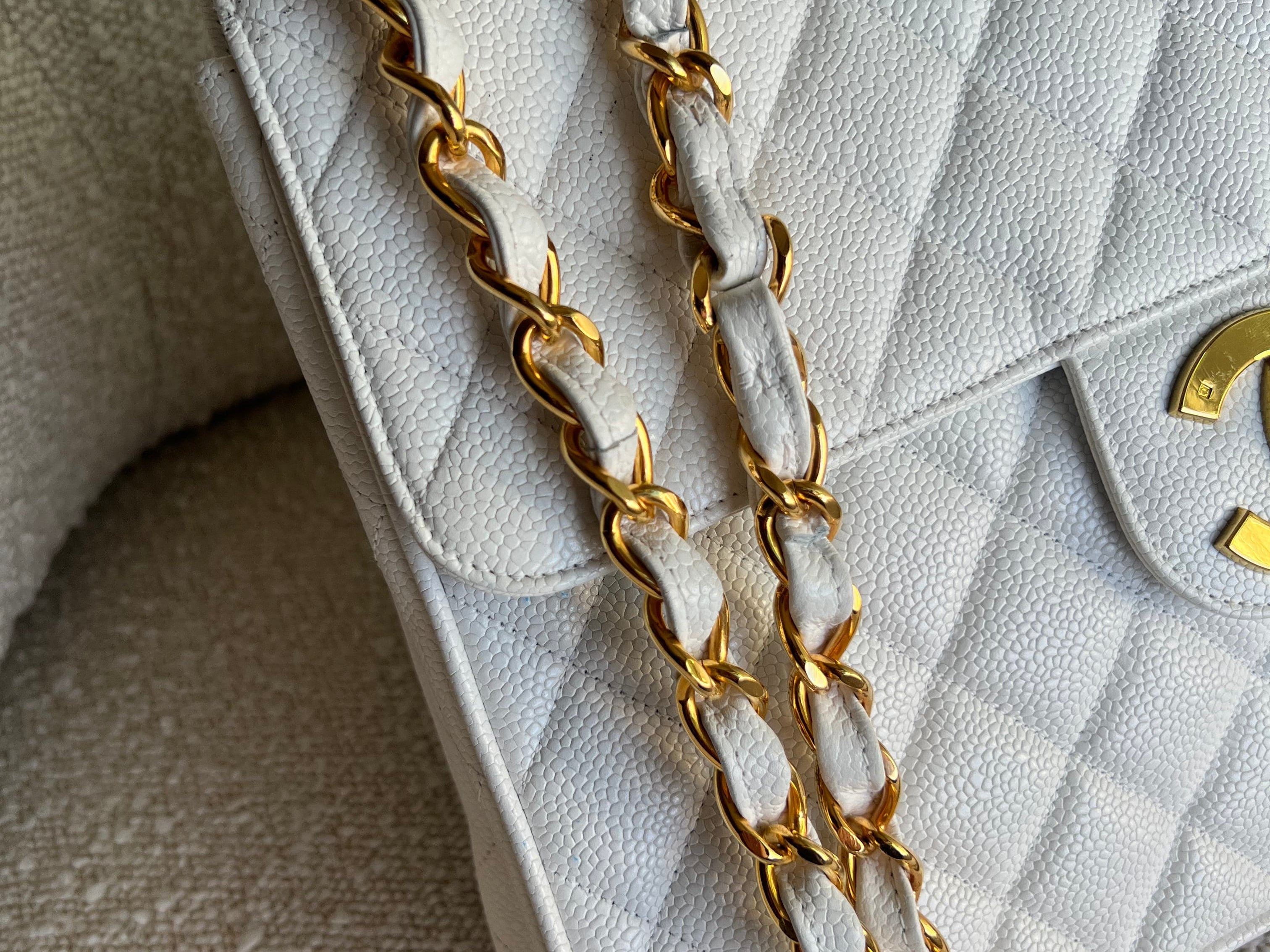 CHANEL Handbag Vintage White Caviar Quilted Jumbo Single Flap GHW - Redeluxe