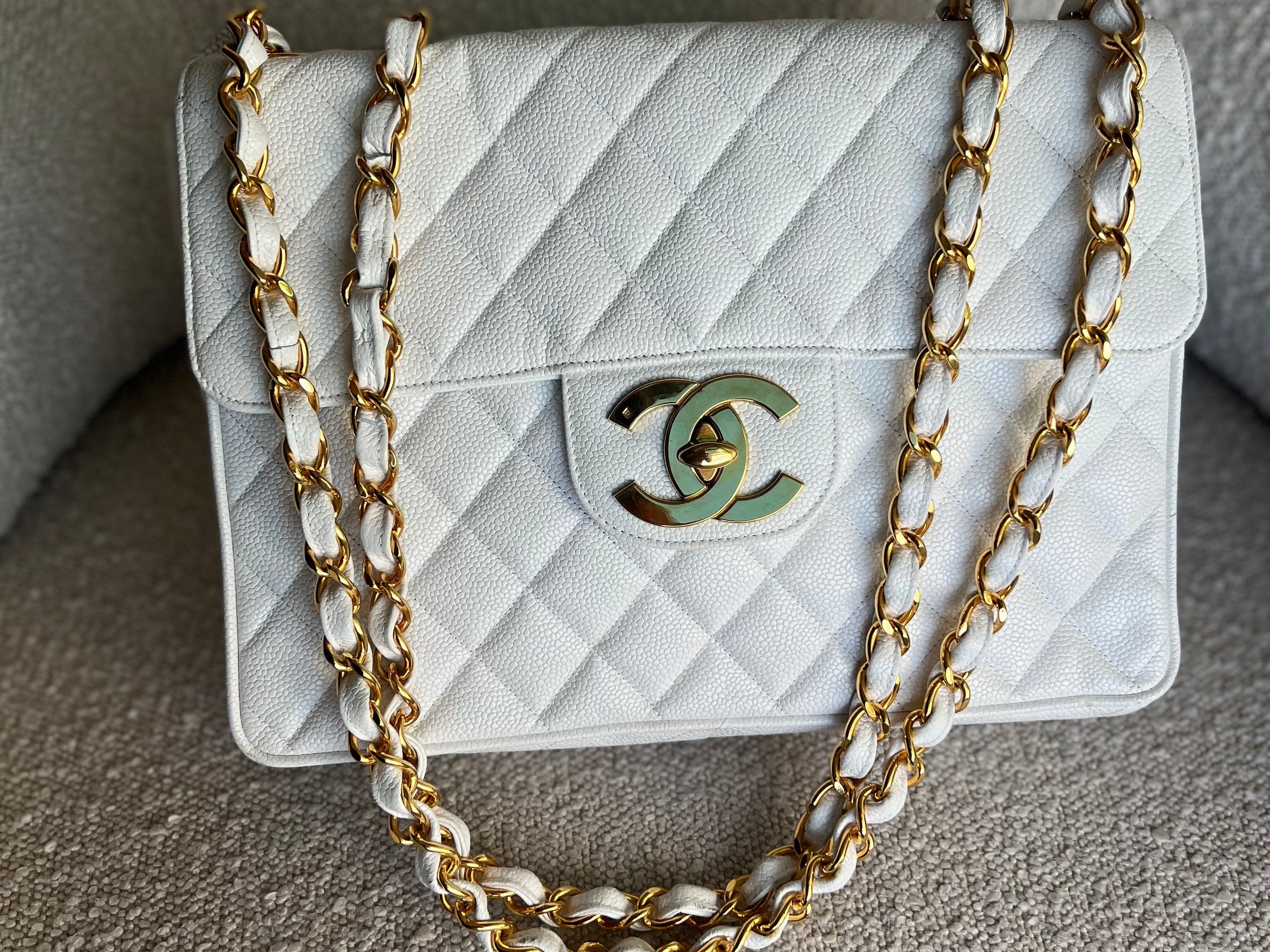 CHANEL Handbag Vintage White Caviar Quilted Jumbo Single Flap GHW - Redeluxe