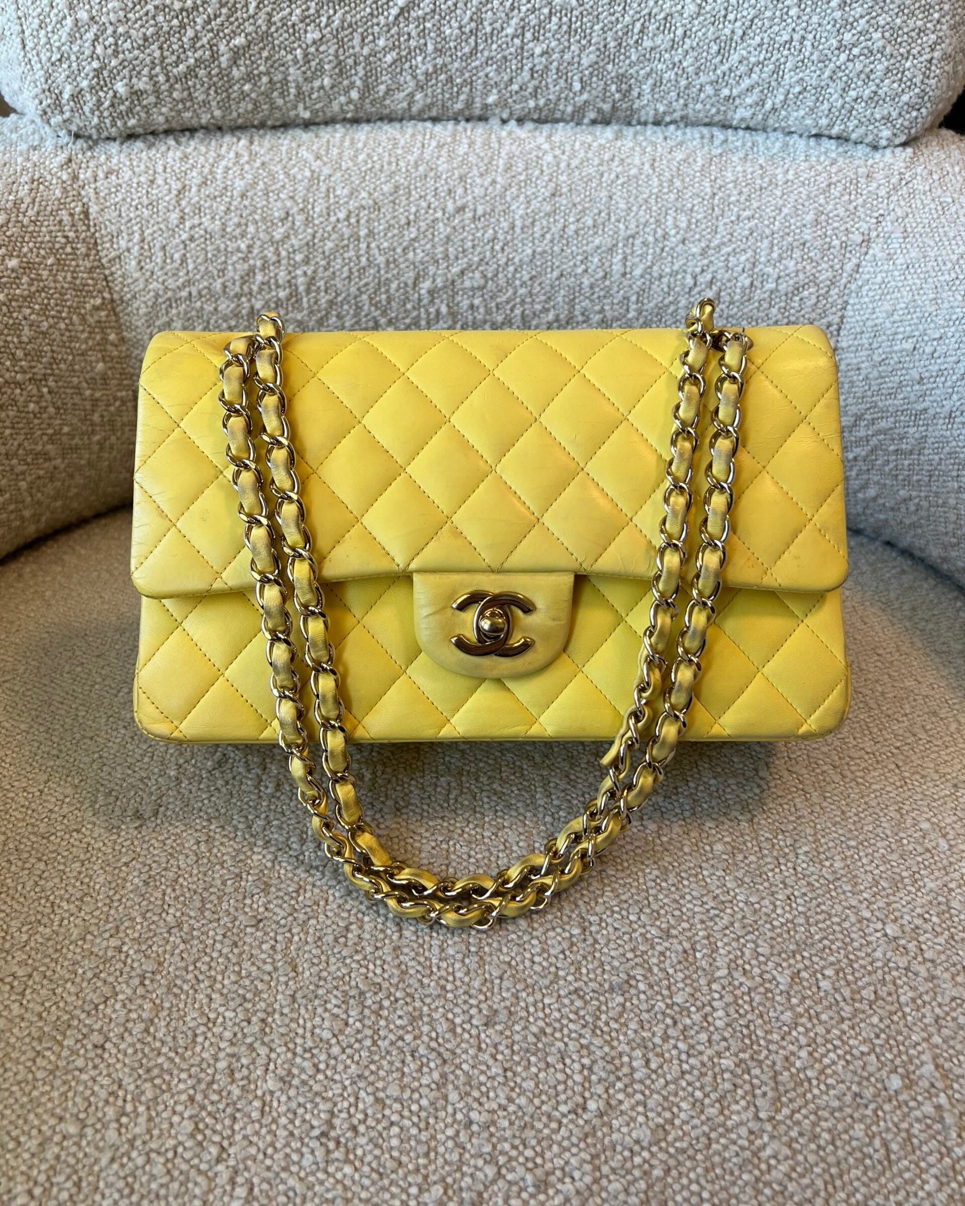 CHANEL Handbag Vintage Yellow Lambskin Quilted Double Classic Flap Medium Light Gold Hardware - Redeluxe