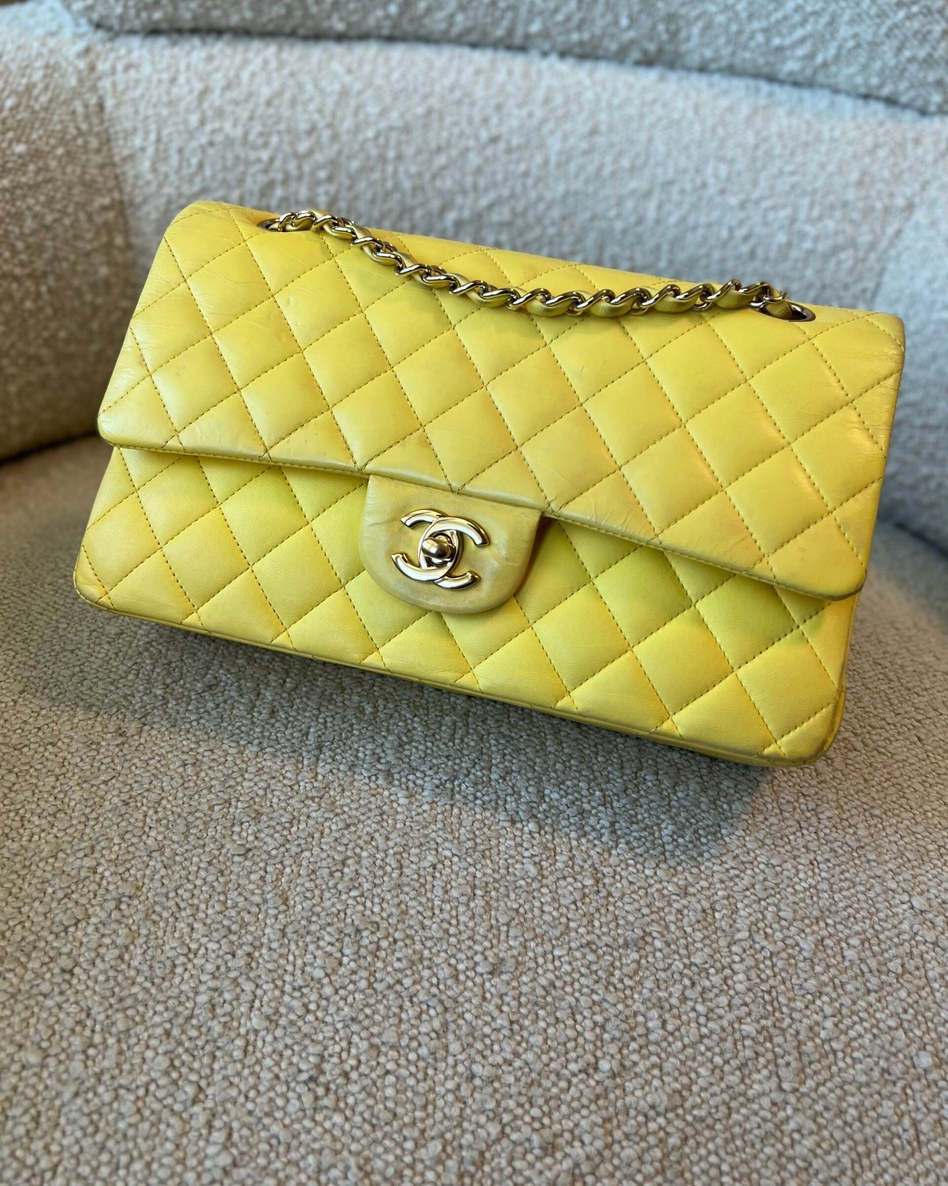 CHANEL Handbag Vintage Yellow Lambskin Quilted Double Classic Flap Medium Light Gold Hardware - Redeluxe