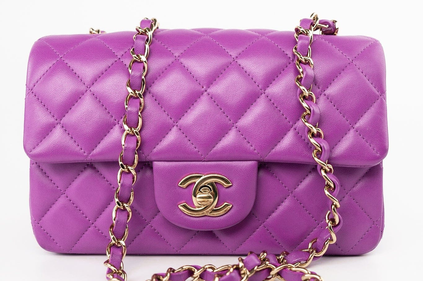 CHANEL Handbag Violet/ Purple Lambskin Quilted Mini Rectangular Single Flap Bag Light Gold Hardware - Redeluxe