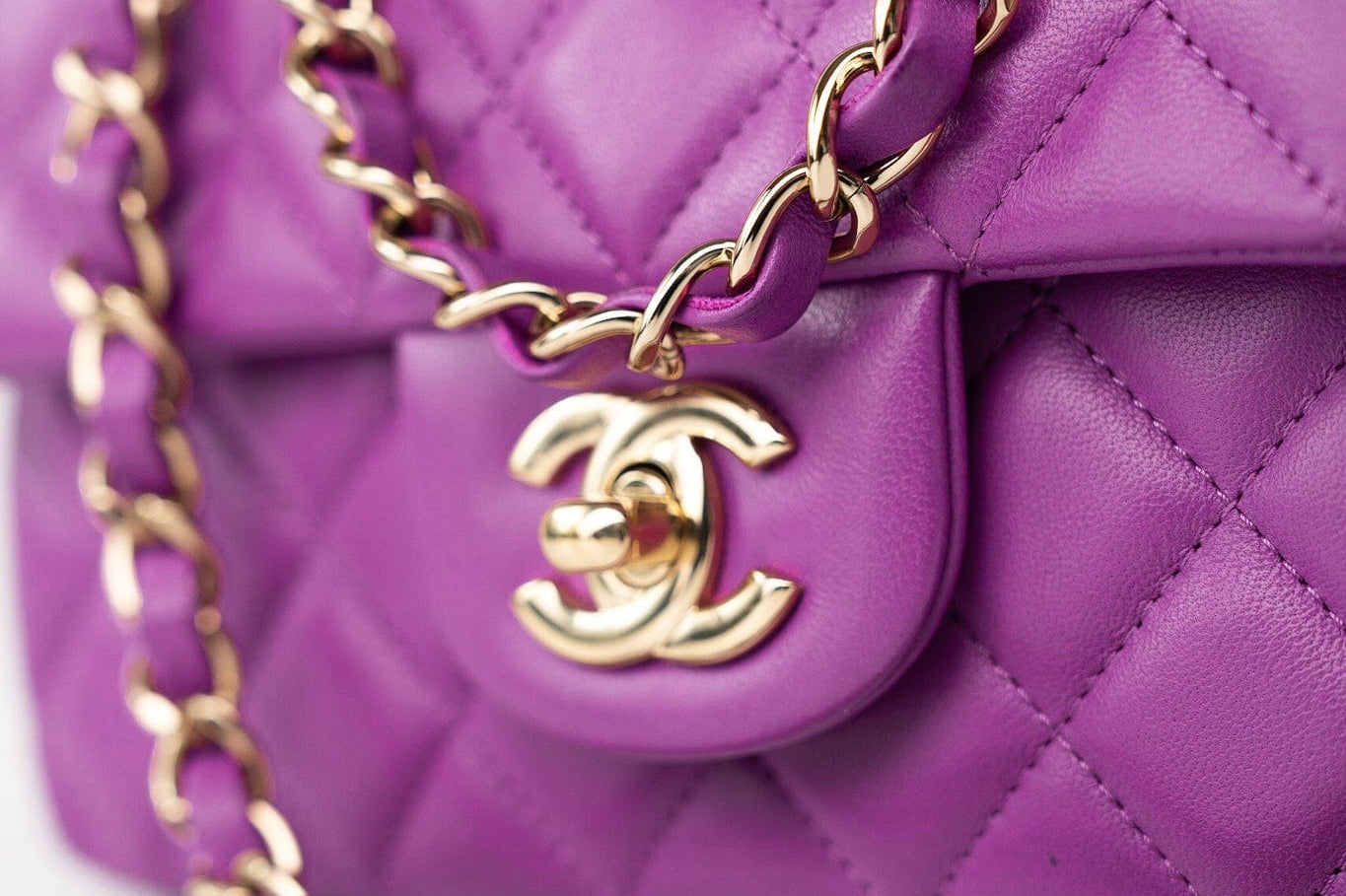 CHANEL Handbag Violet/ Purple Lambskin Quilted Mini Rectangular Single Flap Bag Light Gold Hardware - Redeluxe