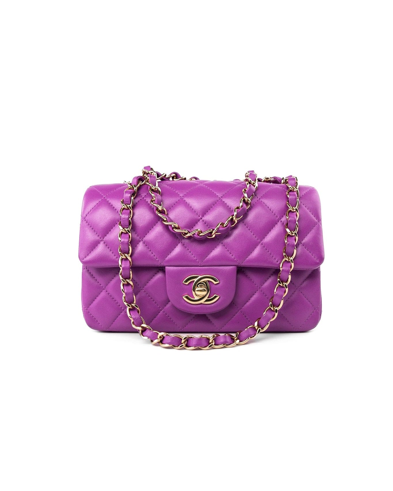 CHANEL Handbag Violet/ Purple Lambskin Quilted Mini Rectangular Single Flap Bag Light Gold Hardware - Redeluxe