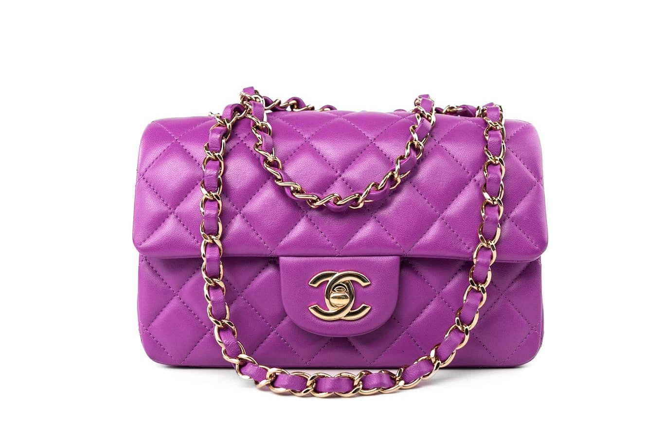 CHANEL Handbag Violet/ Purple Lambskin Quilted Mini Rectangular Single Flap Bag Light Gold Hardware - Redeluxe