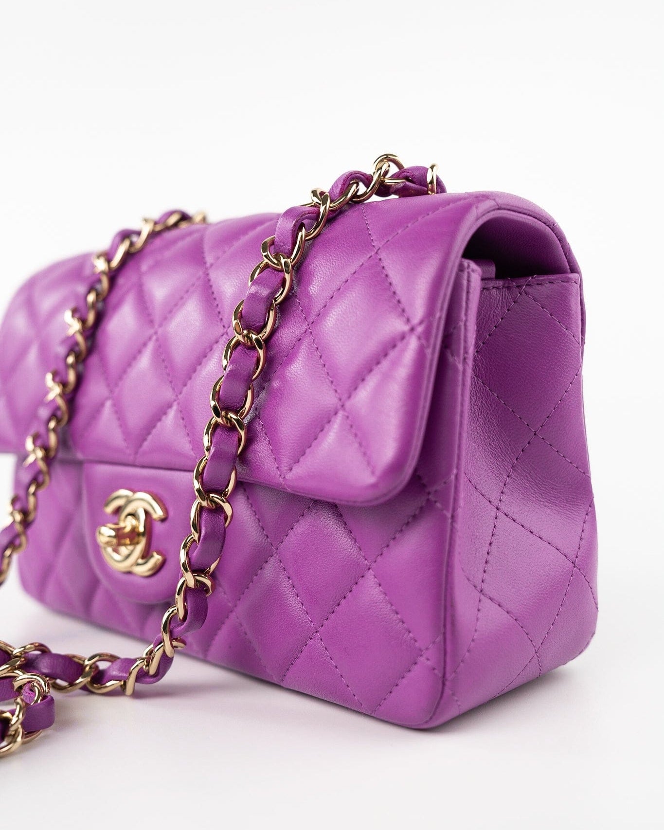 CHANEL Handbag Violet/ Purple Lambskin Quilted Mini Rectangular Single Flap Bag Light Gold Hardware - Redeluxe