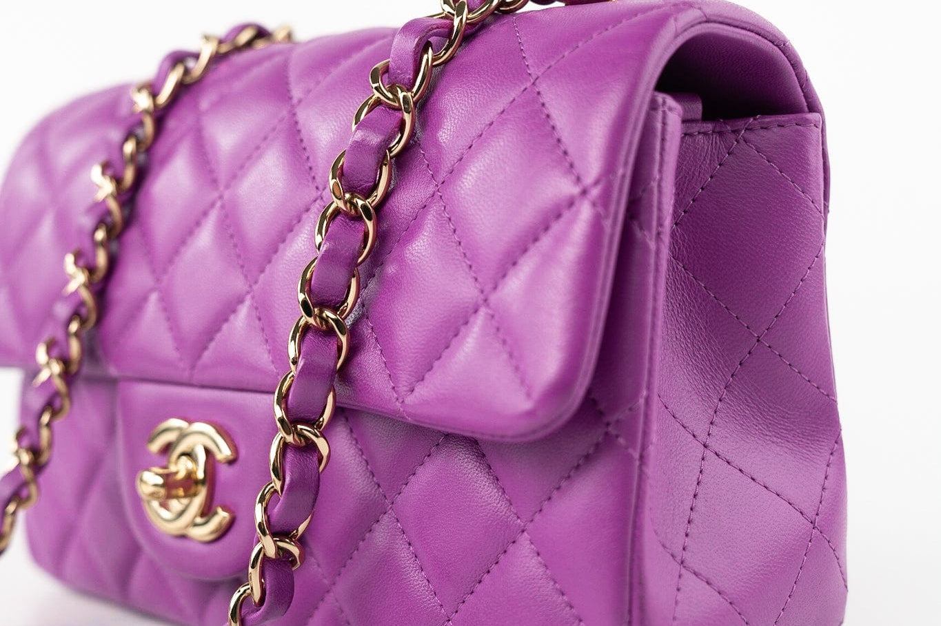 CHANEL Handbag Violet/ Purple Lambskin Quilted Mini Rectangular Single Flap Bag Light Gold Hardware - Redeluxe