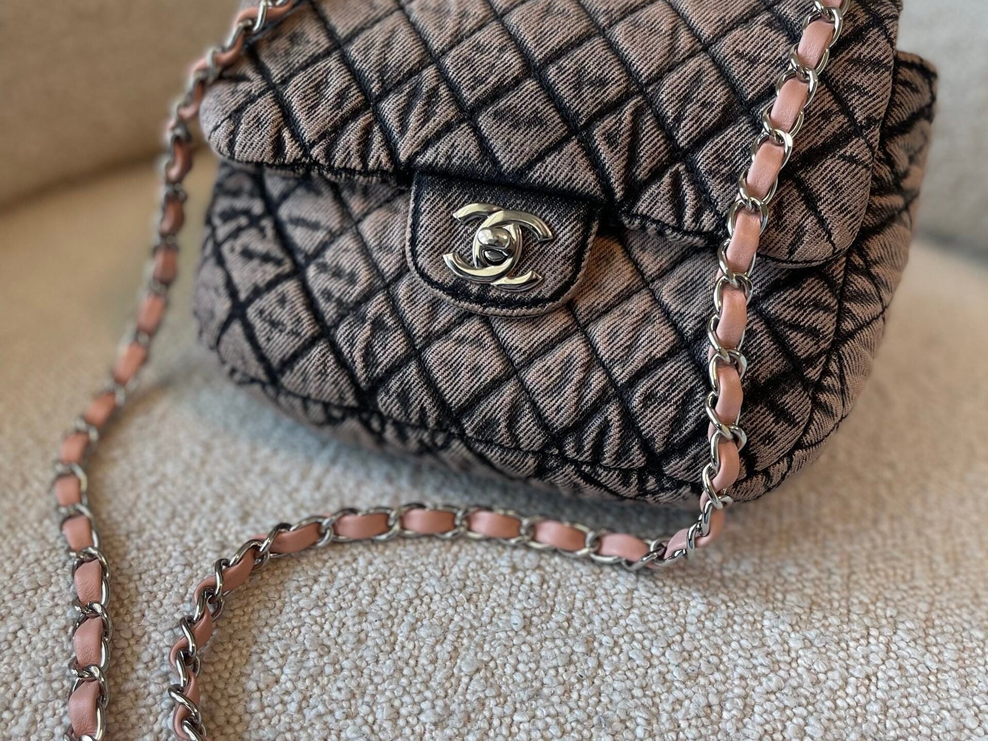 CHANEL Handbag Washed Denim Quilted Small Denimpression Flap Rose Clair Silver Hardware - Redeluxe