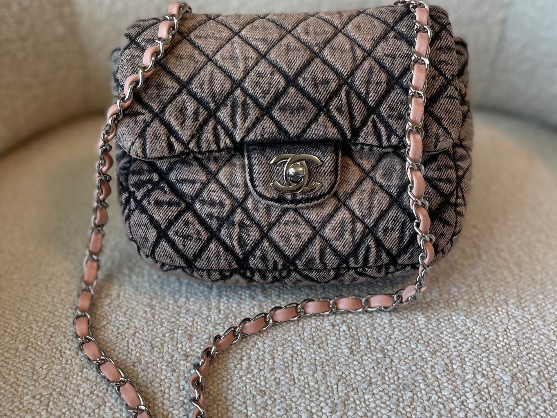 CHANEL Handbag Washed Denim Quilted Small Denimpression Flap Rose Clair Silver Hardware - Redeluxe
